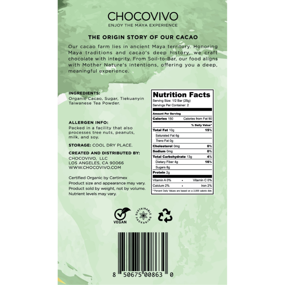 Tieguanyin Tea Dark Chocolate Bar - 60% Cacao