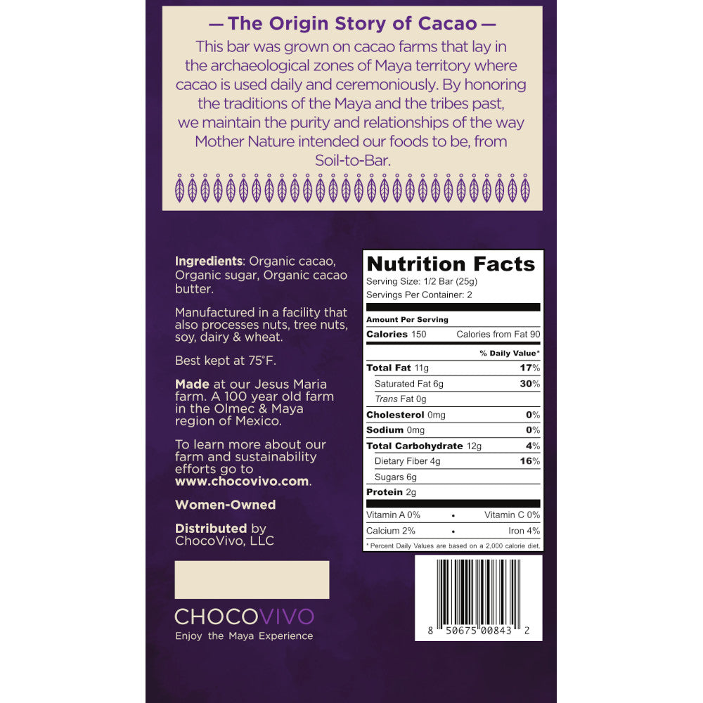 75% Rubio Cacao Bar - Back panel: Story, Ingredients, Nutrition Facts