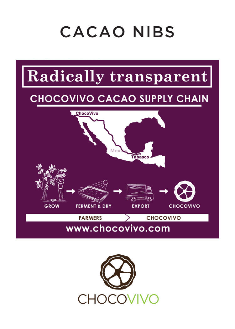 Back of bag of organic Cacao Nibs from our fair trade cacao grower