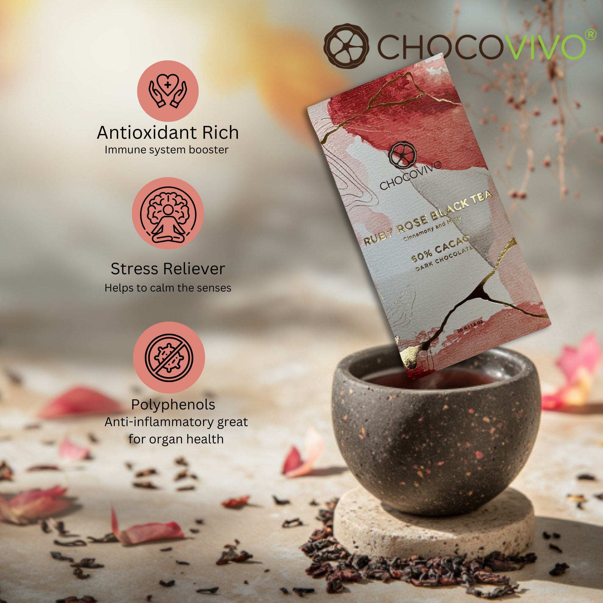 Red Ruby Rose Tea Dark Chocolate Bar - 60% Cacao – ChocoVivo