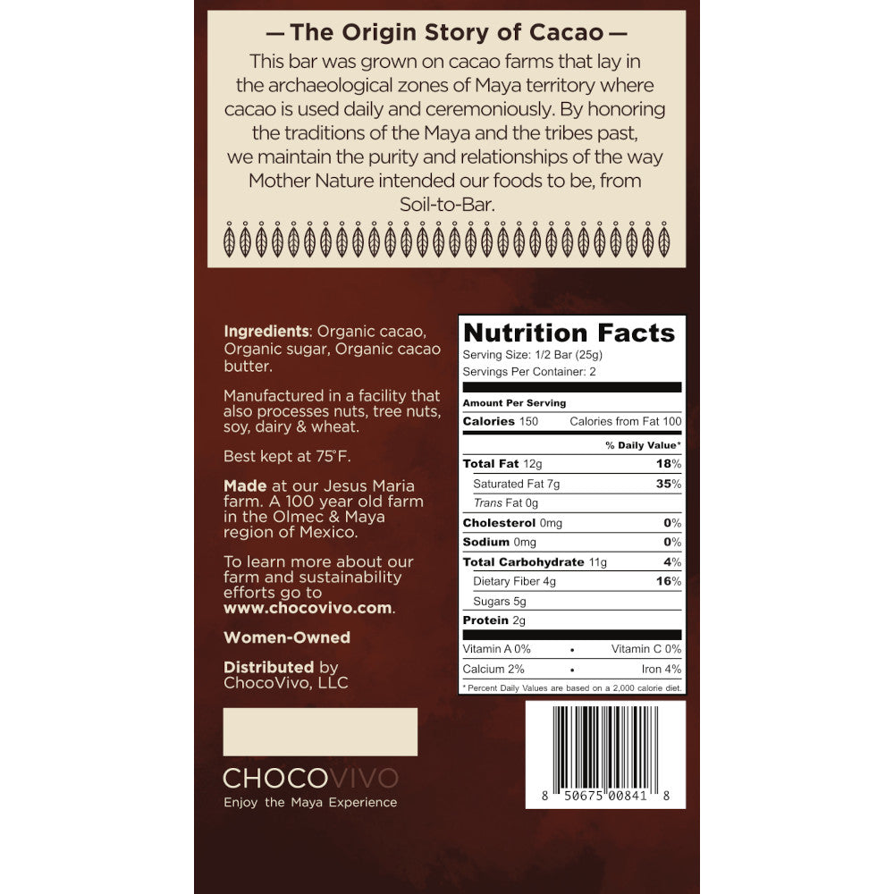 80% Cacao Bar - Back panel: Story, Ingredients, Nutrition Facts