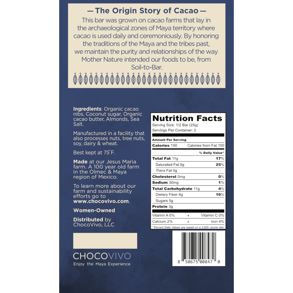 Almond and Sea Salt Dark Chocolate Bar - Back panel: Story, Ingredients, Nutrition Facts