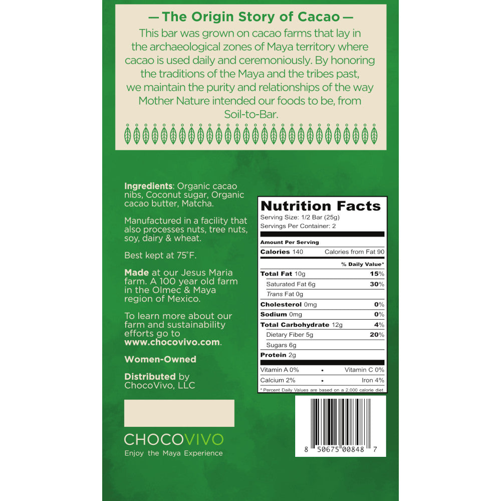 Matcha Dark 76% Cacao Bar - Back panel: Story, Ingredients, Nutrition Facts
