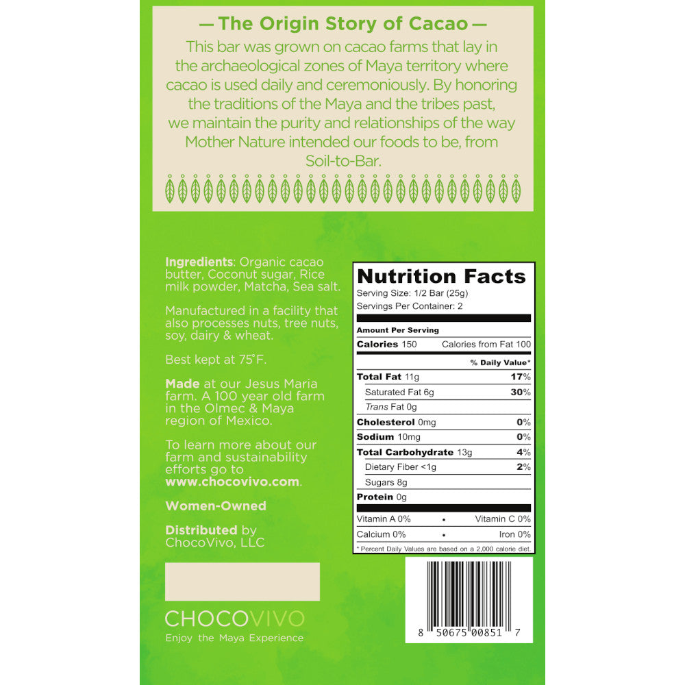 Matcha Milk Cacao Bar - Back panel: Story, Ingredients, Nutrition Facts