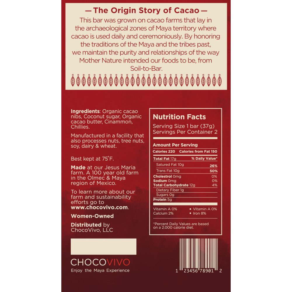 Mayan Tradition Cacao Bar - Back panel: Story, Ingredients, Nutrition Facts