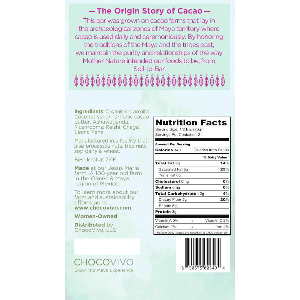 Padma Mushroom Dark Chocolate Bar - Back panel: Story, Ingredients, Nutrition Facts