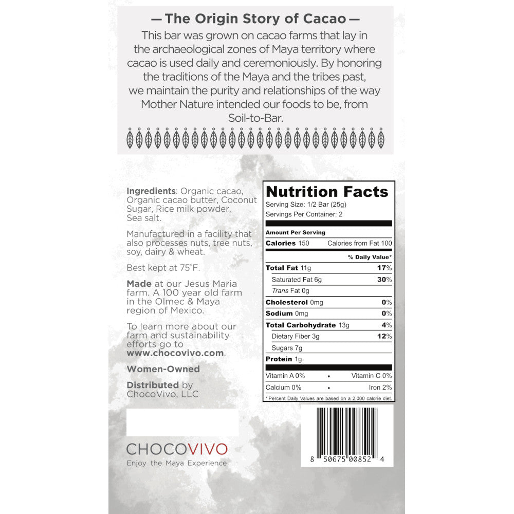 Vegan Dark Milk Chocolate Bar - Back panel: Story, Ingredients, Nutrition Facts