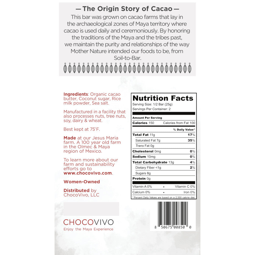 Vegan White Chocolate Bar - Back panel: Story, Ingredients, Nutrition Facts