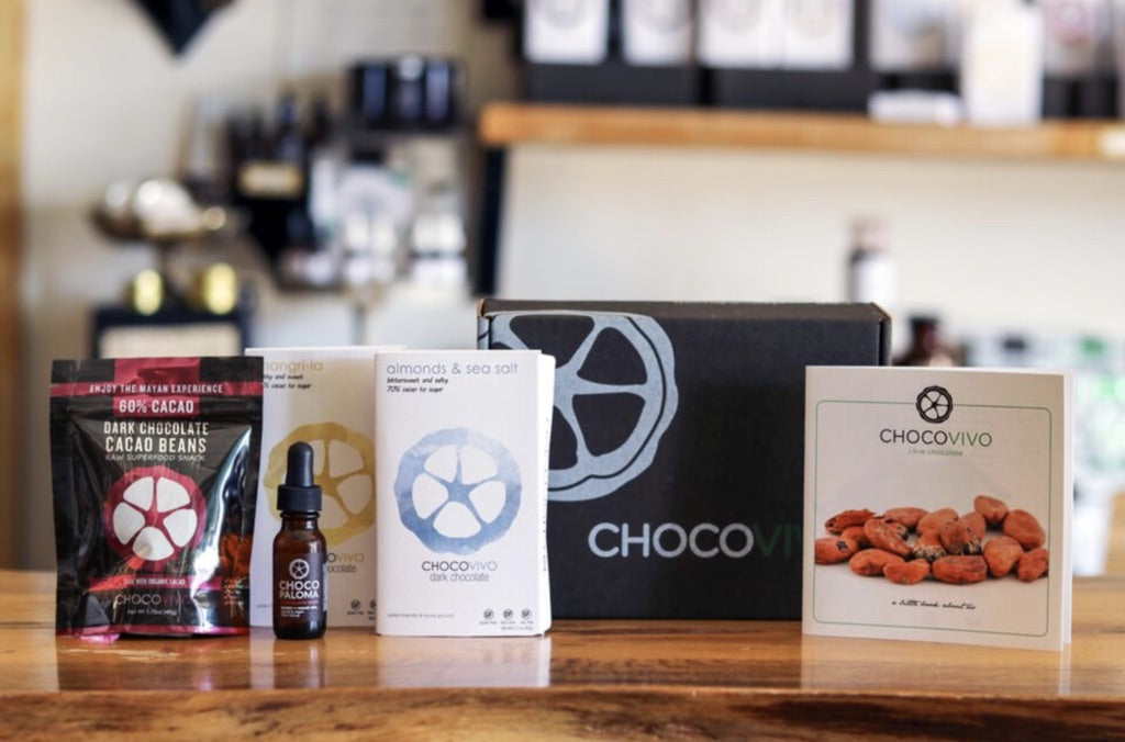 Shangri-La Cacao Bar, Almonds & Sea Salt Cacao Bar, 60% Chocolate Covered Cacao Beans, Chocolate Rose Body & Hair Oil 0.50z, ChocoVivo Booklet. 